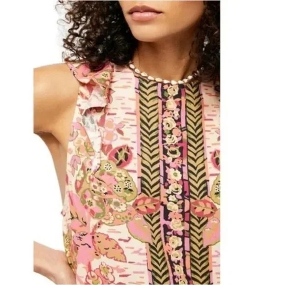 FREE PEOPLE SUMMER IN TULUM LINEN BLEND TUNIC PEBLUM PINK FLORAL mini dress/TOP - Picture 3 of 16